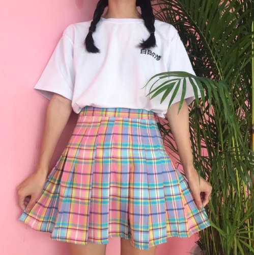 Pastell Regenbogen kariert Minirock Harajuku Midi plissiert hochtailliert Kawaii Rock - Bild 3 von 14