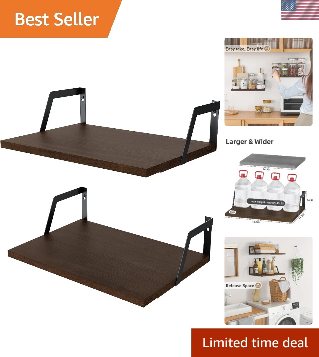 Large Capacity Dark Walnut Floating Shelves - Perfect Wall Storage for Any Room