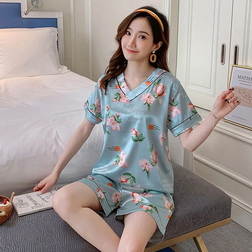 Damen Seide Satin Pyjama Set Kurzarm Nachtwäsche V-Ausschnitt Homewear 2-teilig Pyjama - Bild 18 von 60