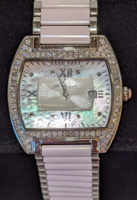 Lucien Piccard pink diamond bezel watch stainless steel link 