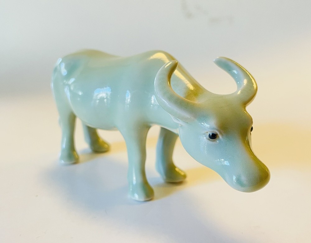 Antique Qing Dynasty Porcelain Celadon Glaze Buffalo Ox c.1890-1910 China