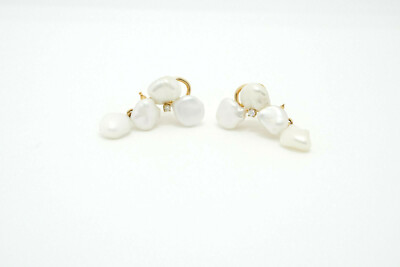 14K Gold Diamond Biwa Pearl Cluster Dangle Earrings