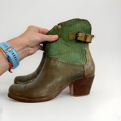 MOMA 40 Leder Stiefeletten Vintage Boho Look Mesh Grün