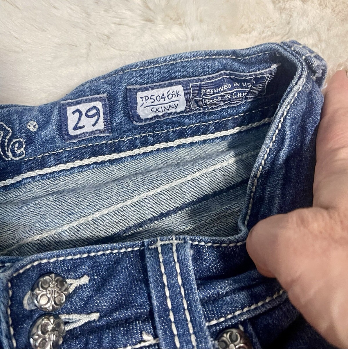 Miss Me Y2K Dark Denim Rhinestone Cross Pockets Heavy Stitch