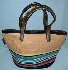 Sun 'N' Sand Medium Size Bright Colored Striped Tote Bag w/ Faux Leather Trim  