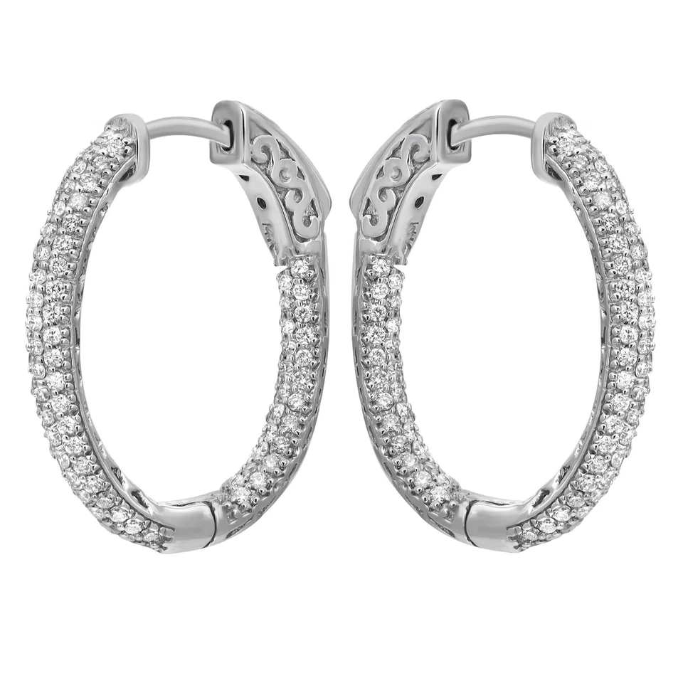 Pave Set Round Cut Diamond Oval Hoop Earrings 14K White Gold 1.00Cttw 1 Inch