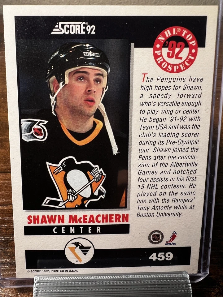 1992-93 Score Penguins Hockey Card #459 Shawn McEachern TP *AUTOGRAPHED* NHL - Image 2 of 2