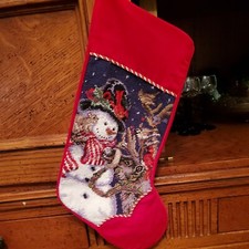 BEAUTIFUL NOEL CHRISTMAS NEEDLEPOINT STOCKINGS WITH SNOWMAN AND RED CARDINAL EUC