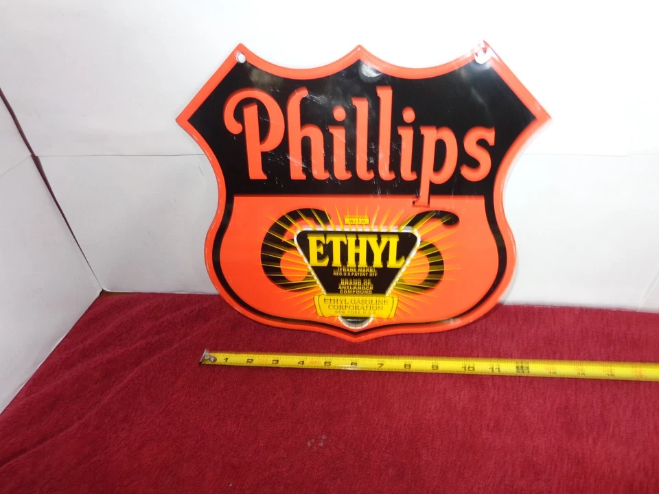 LETRERO VINTAGE "PHILLIPS 66 GASOLINA ETÍLICA" 11 3/4" ESCUDO PORCELANA METAL GASOIL Foto 4 de 4