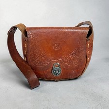 Vintage 70s Hand Tooled Leather Crossbody Saddle Bag Brown Boho Western Purse