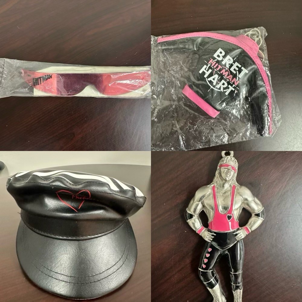 WWF Bret Hart Pink Sunglasses Jacket Key Chain Pendant and Shawn Michaels Hat 