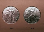 Lot of Four $1 American Silver Eagles, 2014, 2015 , 2016, and 2017.