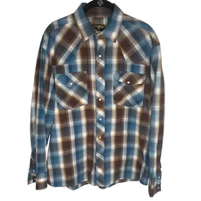 Wyoming Traders Shirt Mens Medium Blue Brown Plaid Western Pearl Snap Cowboy