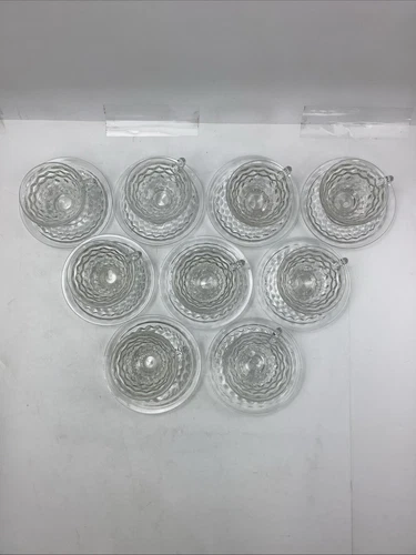 Fostoria American Cubist Clear Glass Tea Cups & Saucers Nine Sets Made in USA
