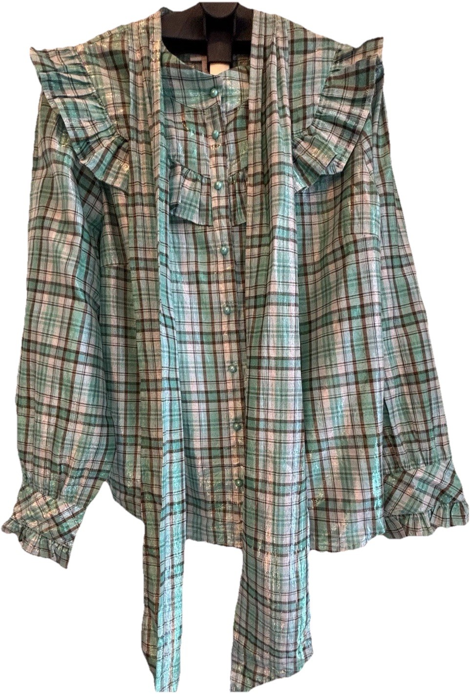 Charter Club Women’s XLgreen Plaid Ruffle Blouse Tie Neck Long Metallic NWT