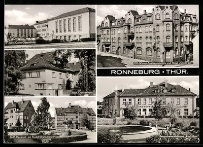 AK Ronneburg /Thür., Hotel Glück Auf, Joliot-Curie-Oberschule, Rudolf-Breitsche 
