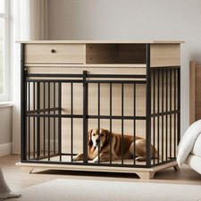 Dog crate with tray, equipped with drawers and storage compartments