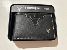 American Bison Men's Black Leather Hand Tooled Bifold Wallet with Tin