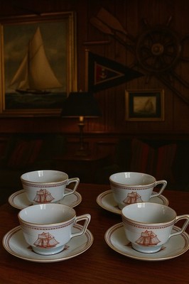 SPODE 4 Trade Winds Red Brig Cygnet Of Salem Coffee/Tea Cups & Saucers Coastal