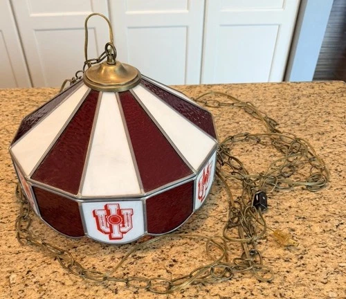 Vintage Tiffany-Style 16” Stained Glass Hanging Lamp IU Indiana Hoosiers TESTED