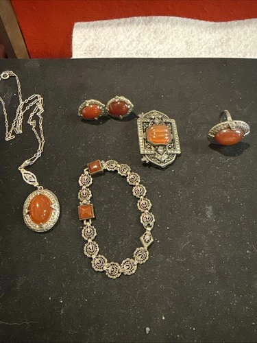 Carnelian Sterling Silver Necklace, Earrings and Bracelet, Ring , Brooch Vintage