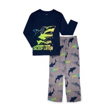Boys Shark Gaming Pajama Set Long Sleeve Crew Neck Navy Gray 2 Piece
