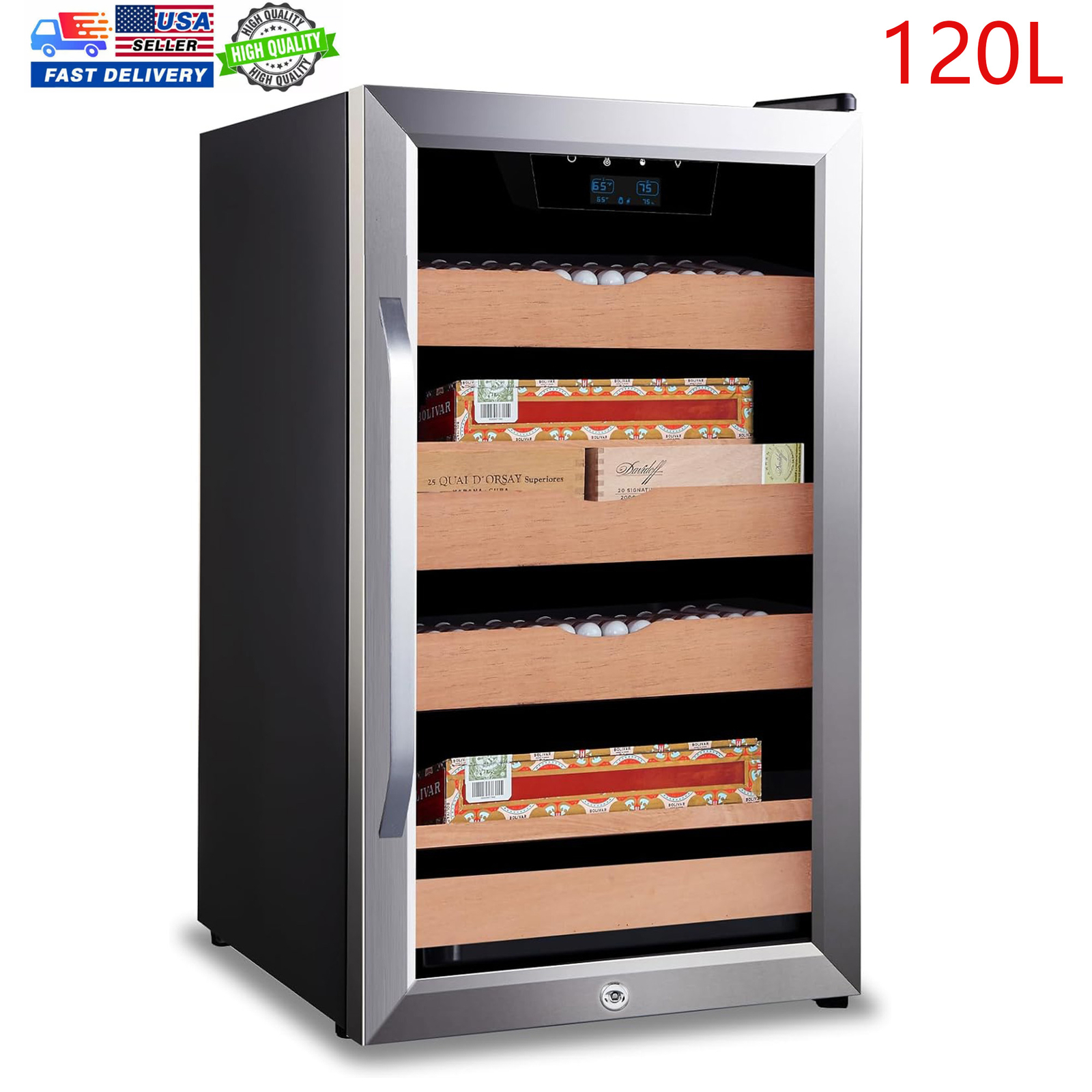 120L Electric Cigar Humidor Cabinet Lockable With Temperature & Humidity Control