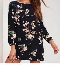 Lulu's Dress Women's Small Herbaceous Babe Navy Floral Print Shift Long Sleeve