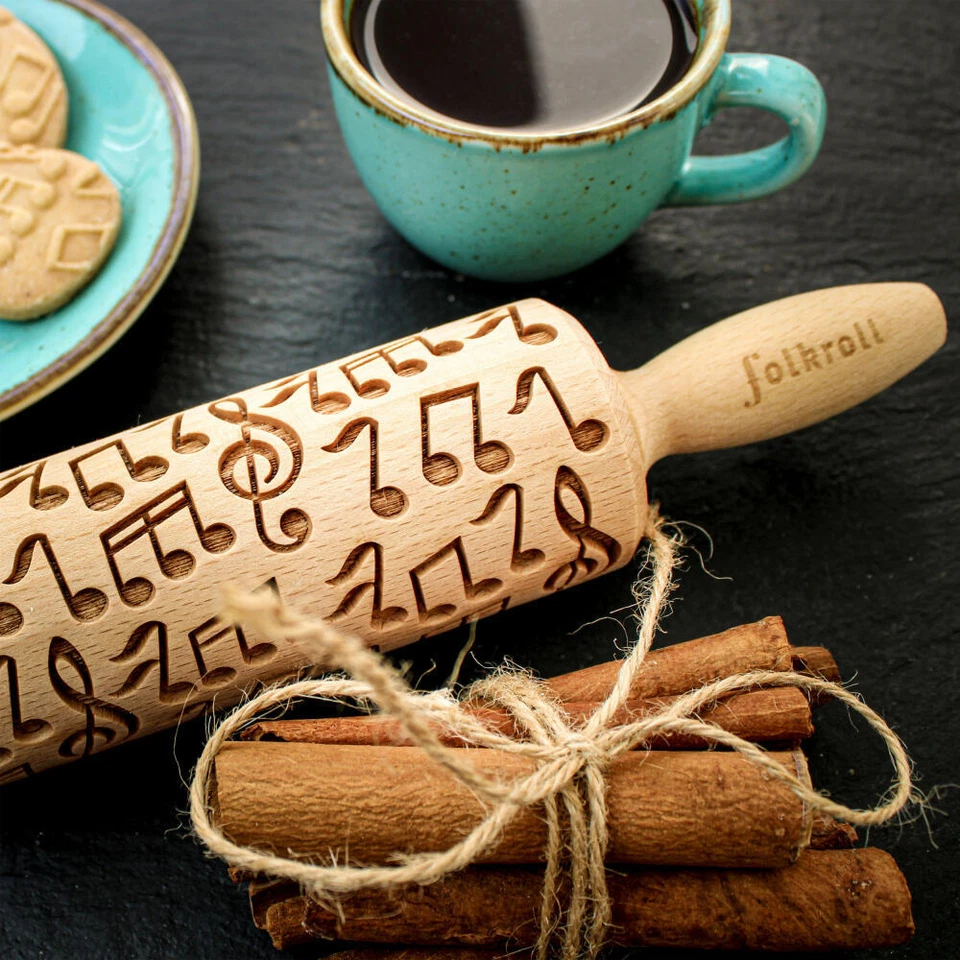 Folkroll Teigrolle Musik Nudelholz Prägerolle Muster Motiv Buchenholz junior - Bild 3 von 4