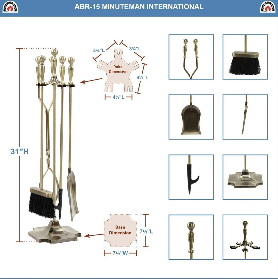 Juego de herramientas para chimenea Minuteman International Oxford de 5 piezas, latón antiguo Foto 2 de 2