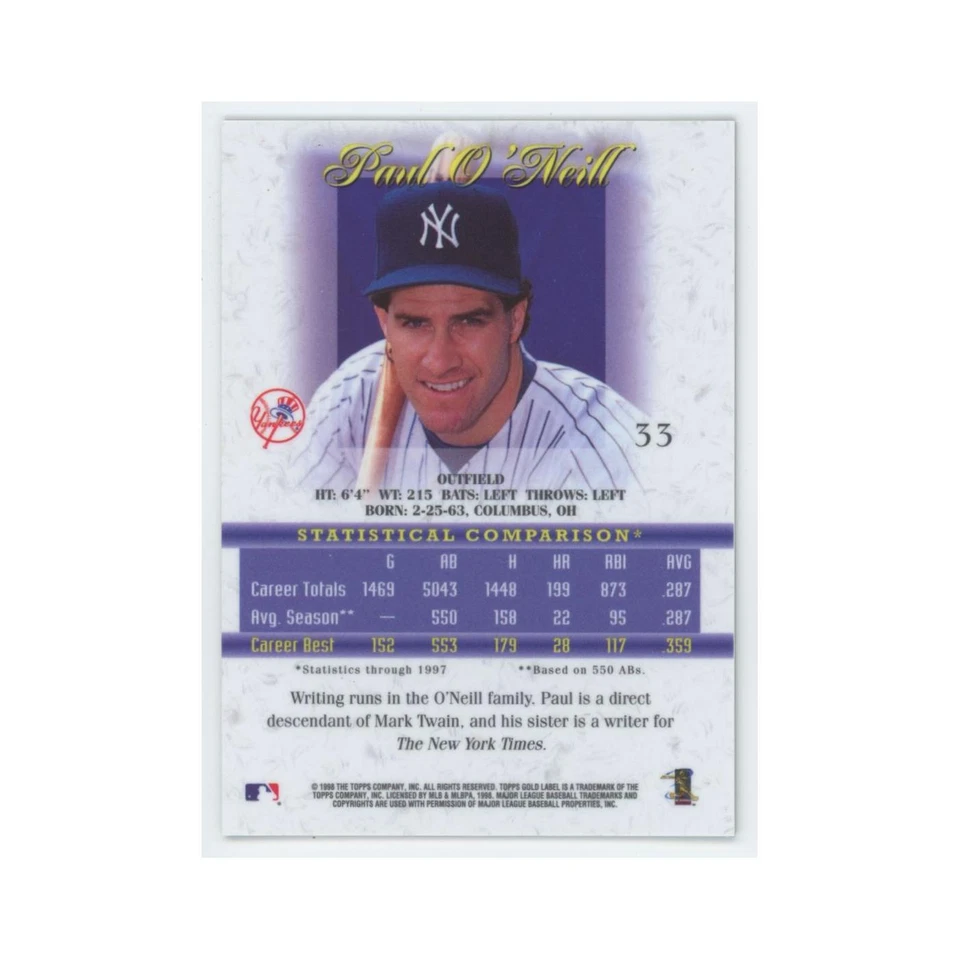 1998 Topps Gold Label Paul O'Neill Yankees #33 - Image 2 of 3