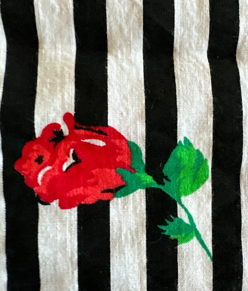 Vtg Cotton Floral Fabric W42”xL1.2Yds Red Roses Vertical Black Stripes on White - Image 4 of 4