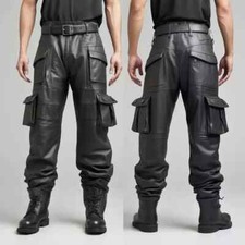 New Men Pant Black Genuine Lambskin Leather Cargo Style Trouser Biker Rider