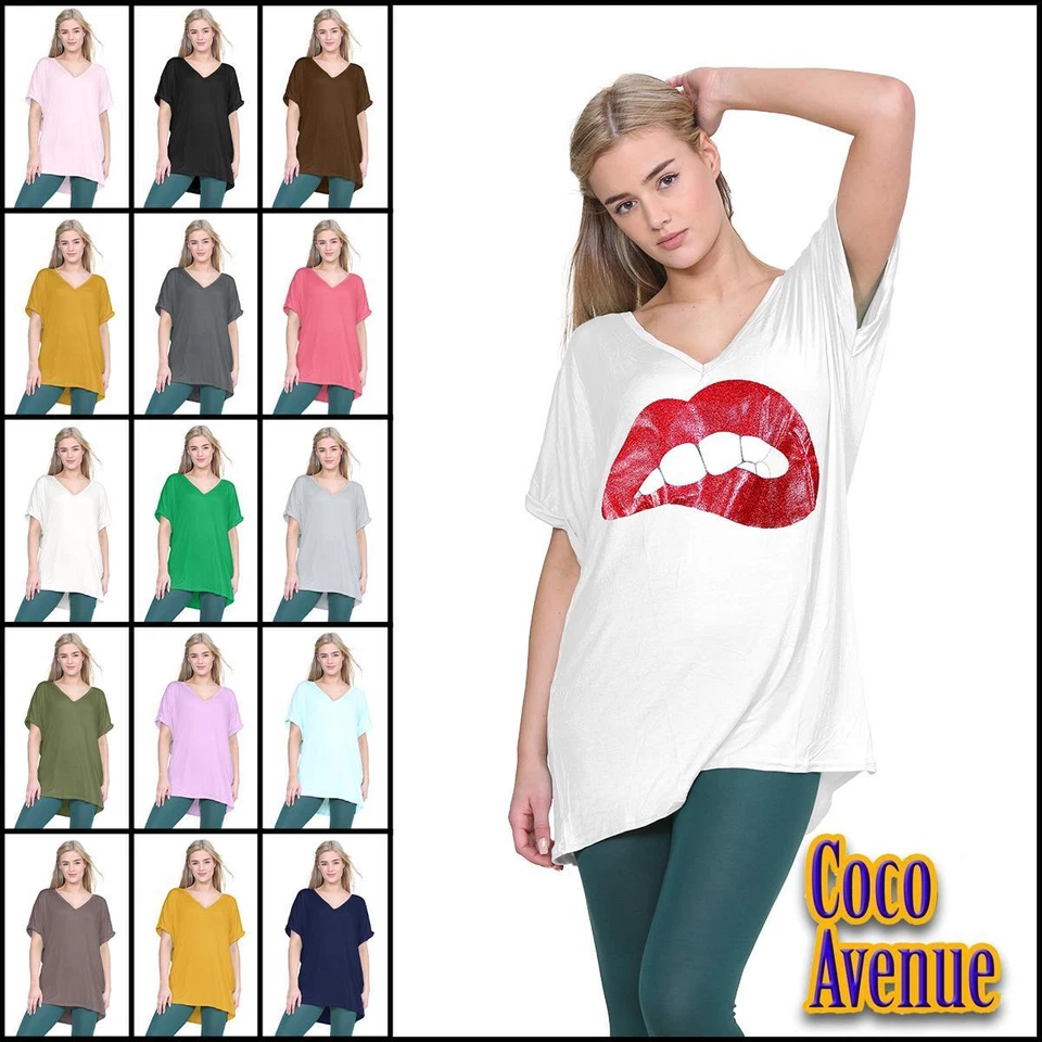 Ladies Oversized Baggy T Shirt Plain V Neck Loose Fit Turn Up Batwing Sleeve Top - Image 1 of 1