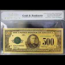 Gold 1928 $500 Five Hundred Dollars Banknote Collectible with Bag & Certificate