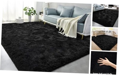  Super Soft Shag Area Rug for Living Room, 5.3x7.5 ft Black Rug for Girls 