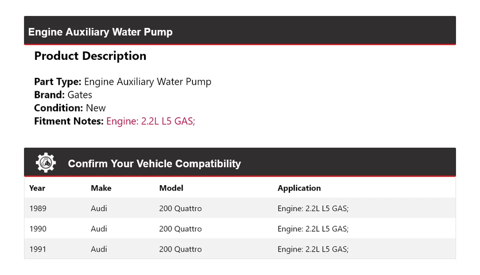 Para Audi 200 Quattro 1989-1991 2,2 L L L5 motor de gas puertas auxiliares de bomba de agua Foto 2 de 4