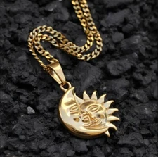 Gold Sun Moon Star Celestial Necklace Stainless Steel Pendant 24" Chain, Elegant