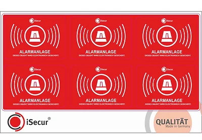 EASYDRUCK24.DE 6 Stück iSecur Aufkleber Alarmgesichert, Alarmanlage, Alarm, innenklebend, 047