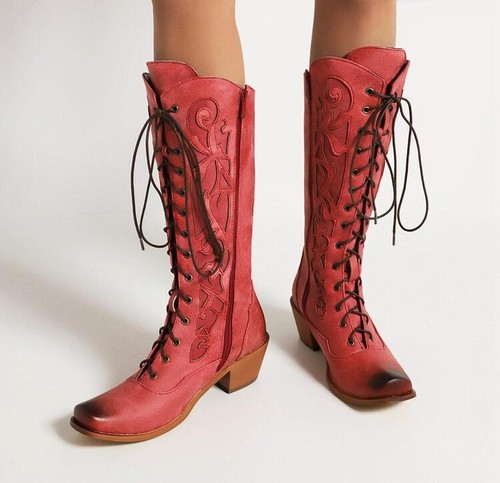 Womens Fall Winter Lace Up Chunky Heels Cowboy Boots Western Punk Riding Boots - Picture 6 of 13