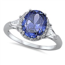 Blue CZ Oval Solitaire Halo Elegant Ring Sterling Silver Band Sizes 4-10