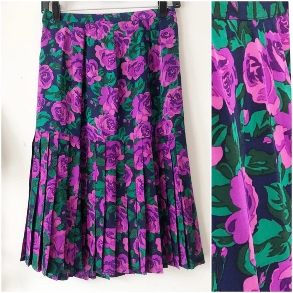 Falda midi plisada 100 % seda vintage años 80 talla 6 azul marino púrpura verde floral  Foto 2 de 4