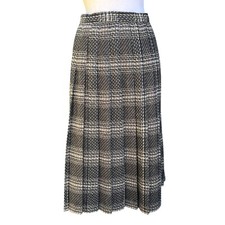 Vintage 80's Plaid Wool Blend Pleated Midi Skirt Black Tan Preppy Unlined Sz 10P