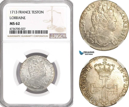 AG962, France, Lorraine, Leopold I, Teston 1713, Nancy Mint, Silver, NGC MS62