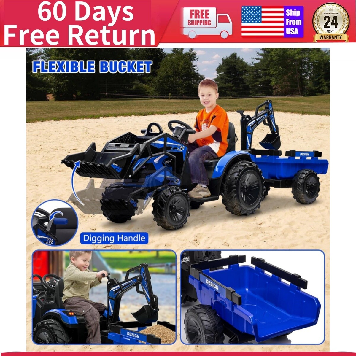 Kids Ride on Tractor Excavator & Bulldozer Electric Vehicle w/Trailer LED Lights