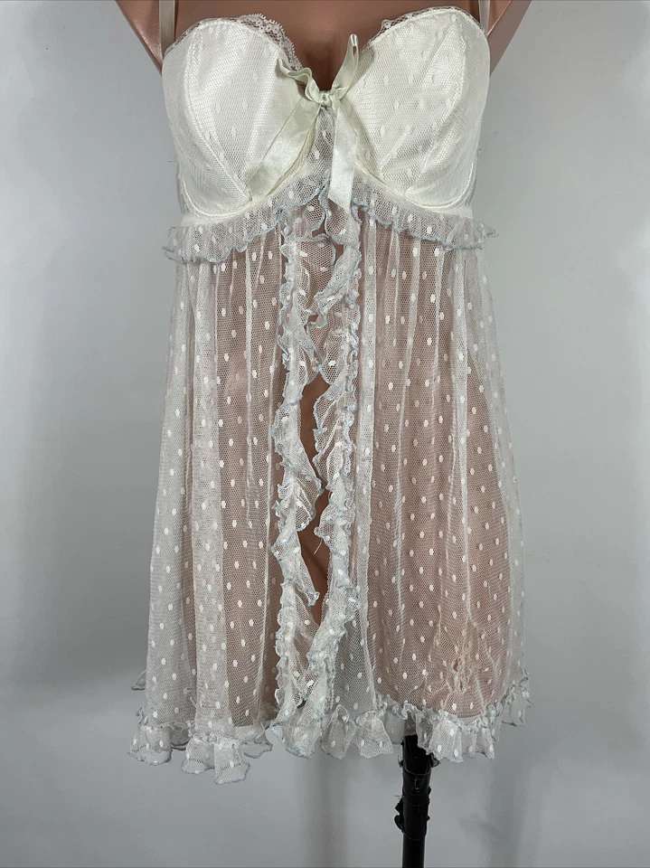 Vintage Cacique Size 14/16 White Swiss Dot Light Blue Lace Underwire Bridal - Image 4 of 4