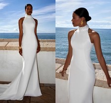 White Satin Mermaid Wedding Dresses With High Neck Pearls Sleeveless Bridal Gown