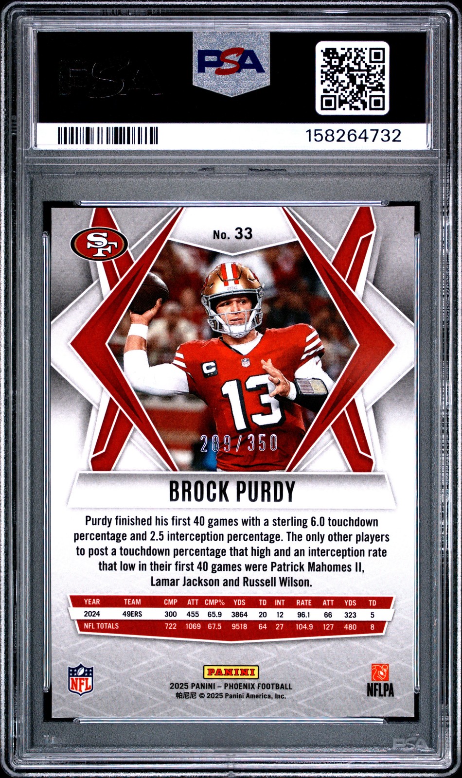 2025 PANINI PHOENIX FIREBURST #33 BROCK PURDY 289/350 PSA 10 view 2