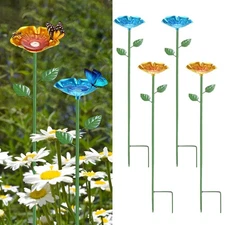 4-Pack Bee Watering Stations, 25 Inch Iron Bee Bath for Garden [Blue/Yellow]