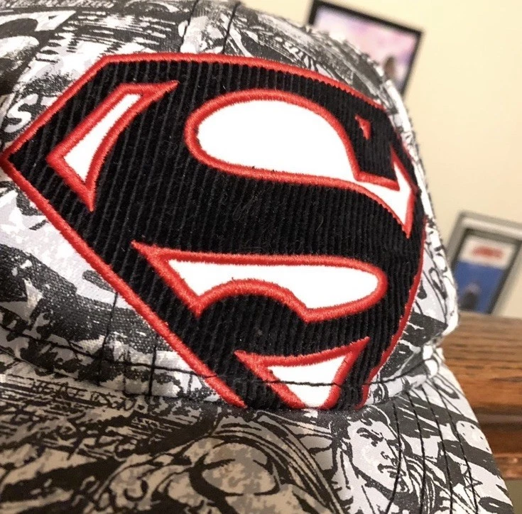 Superman DC Comics AOP Comic Book Flat Bill Baseball cap, Corduroy Logo, Sm/Md